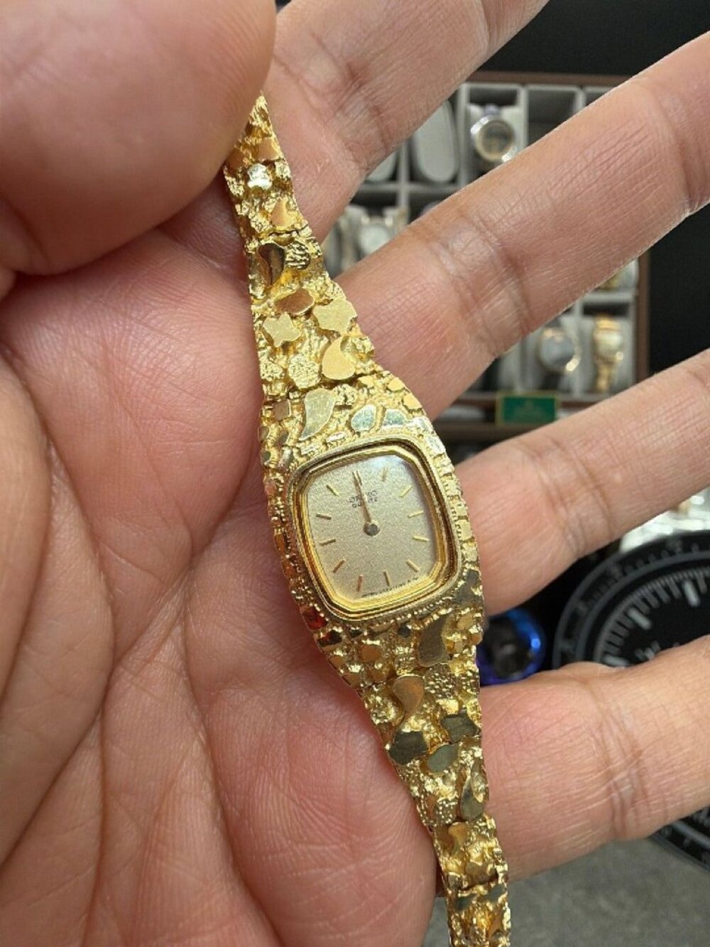 Seiko Solid 14K Yellow Gold Nugget Bracelet Ladies Vintage Quartz Watch 19mm